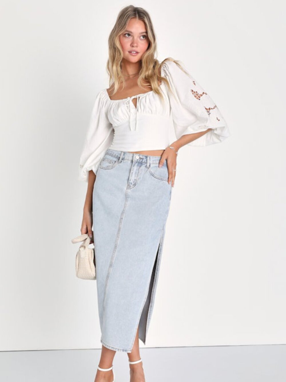 Lulus Exceptionally Cool Light Wash High-rise Denim Midi Skirt Blue - Size S